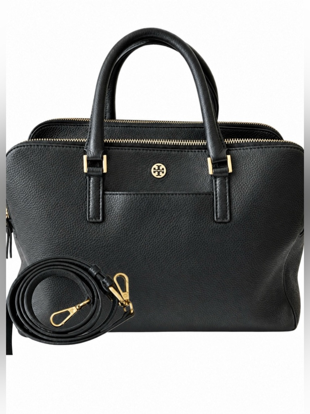 TORY BURCH Georgia Pebbled Black Triple Zip Satchel Crossbody, EUC